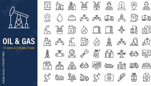 Oil and gas industry line icon set featuring editable stroke petroleum production refinery and energy fuel symbols (18 words)