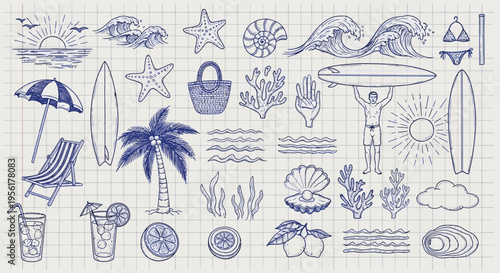 Beach vacation illustrations and icons set