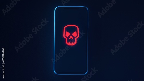 Smartphone with red skull icon on screen, malware and cybersecurity threat