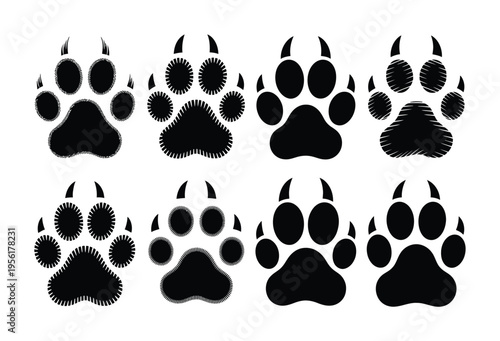 Collection of Black Paw Prints with Textured Edges and Claws