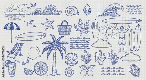 Beach vacation illustrations featuring various summer icons and symbols