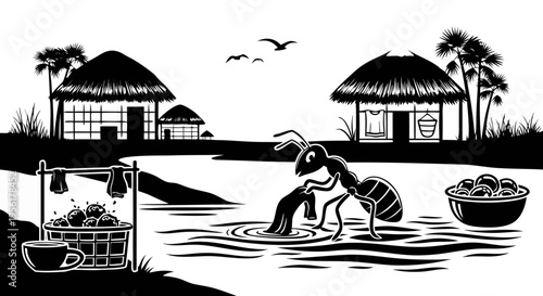 A tropical summer illustration featuring a man and woman walking their dog on a sandy beach at sunset with palm tree silhouettes and a ship on the ocean