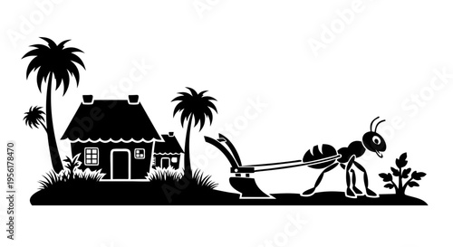 A summer tropical island landscape illustration featuring palm tree silhouettes against a sunset sky with a couple near a beach house