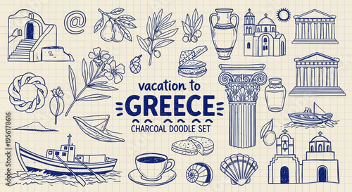 Vacation to greece travel illustration with landmarks and icons