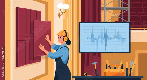 Woman installing artwork on wall with tools nearby.