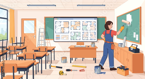 Woman painting a blackboard in a classroom renovation.