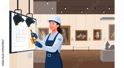 Woman technician adjusting museum lighting system carefully.
