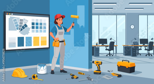 Woman painting wall in office renovation.