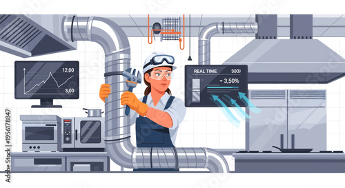 Woman technician inspecting industrial ventilation system in kitchen.