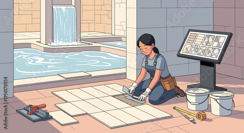 Woman Tiling Floor with Precision and Care.