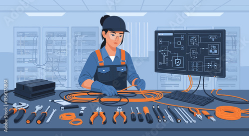 Woman technician working with electrical wires and tools.