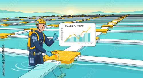 Worker Inspecting Floating Solar Panels with Power Output Chart.
