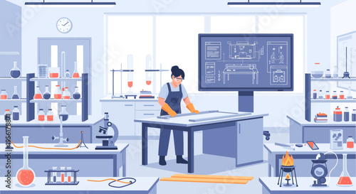 Young woman scientist working diligently in a modern laboratory setting.