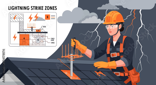 Worker installing lightning protection system on rooftop during storm.