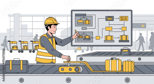 Airport worker monitoring baggage system on conveyor belt.