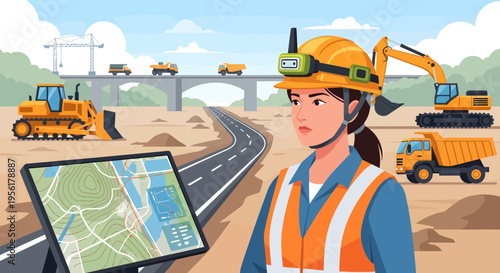 Construction engineer using tablet on site.