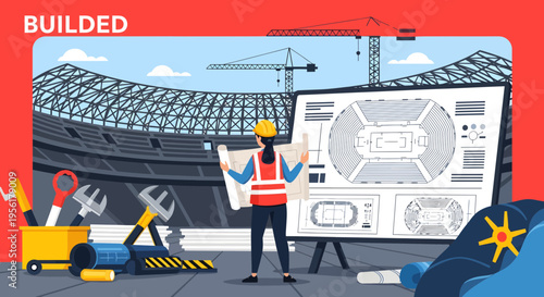 Construction worker reviewing stadium blueprints on a large screen.