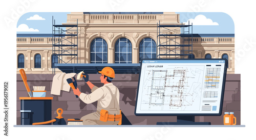 Construction worker reviewing blueprints on computer screen.