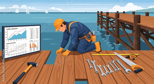 Construction worker repairing wooden pier with data analysis on screen 1.