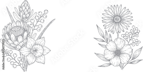 Floral embellishments and bouquets in sketch style, hand drawn botanical designs with flowers and leaves, vintage decorative elements, line art