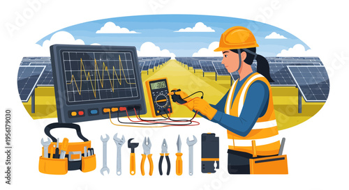 Electrician technician inspecting solar panel equipment with tools.