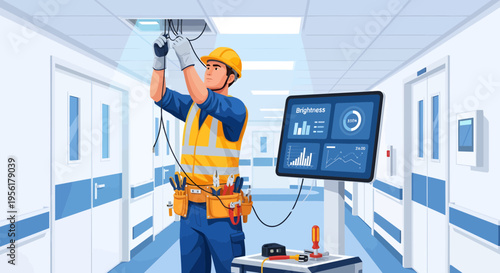 Electrician working on ceiling light fixture with tablet.