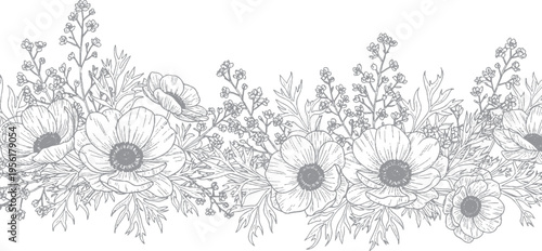 Ornate hand-drawn floral border with anemones and wildflowers, detailed sketch for elegant invitations and design, anemone sketch