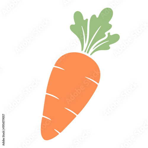 A vibrant orange carrot icon with green leaves on a white background