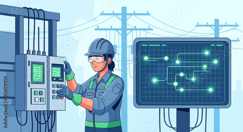 Electrician working on control panel with digital display.