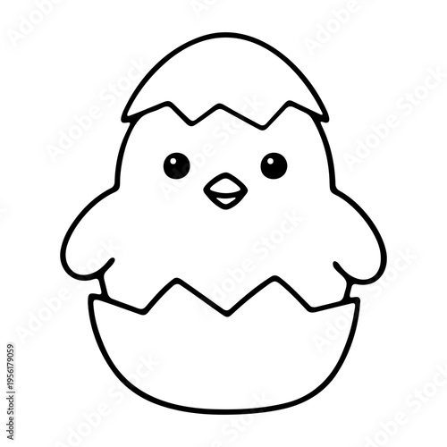 A cute cartoon chick hatching from an egg in a simple line art style
