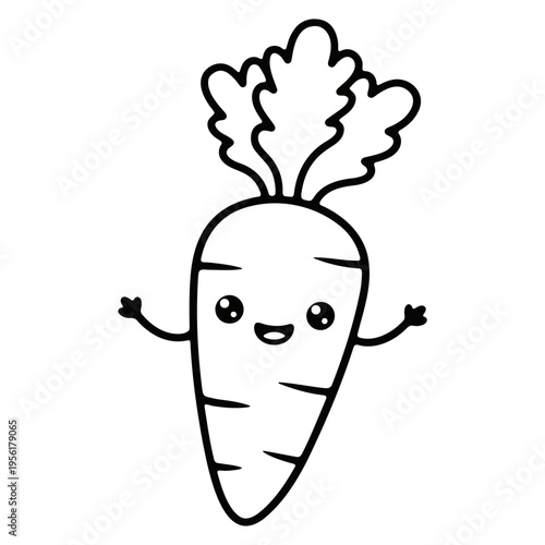 A cute cartoon carrot with a smiling face and arms, drawn in a simple black line art style on a white background.