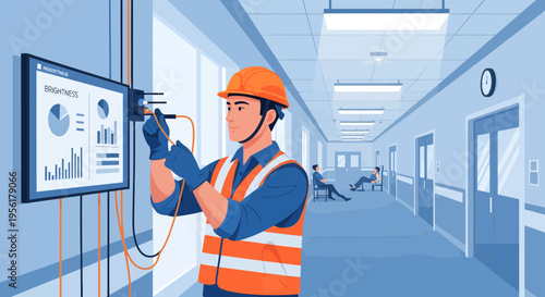 Electrician working on electrical panel in modern building hallway.