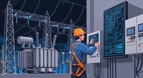 Electrician working on control panel in substation.