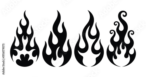 Collection of Four Stylized Black Flame on White Background