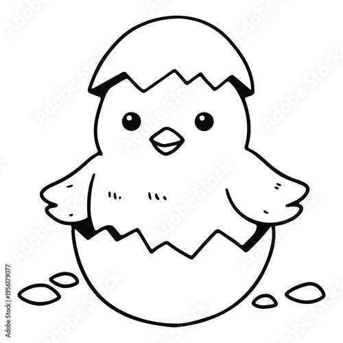 A cute cartoon chick hatching from an egg in a simple black and white illustration