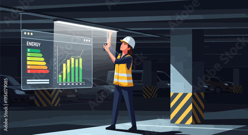 Engineer Interacting with Futuristic Holographic Energy Efficiency Display.