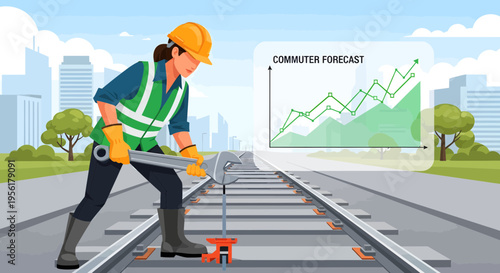 Female construction worker maintaining railway tracks with precision.