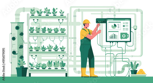 Farmer monitoring vertical farm technology system.