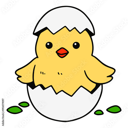 A cute cartoon chick hatching from an egg in a minimalist vector illustration