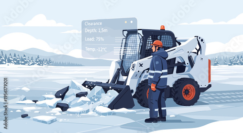 Man in uniform operating snow removal machine.