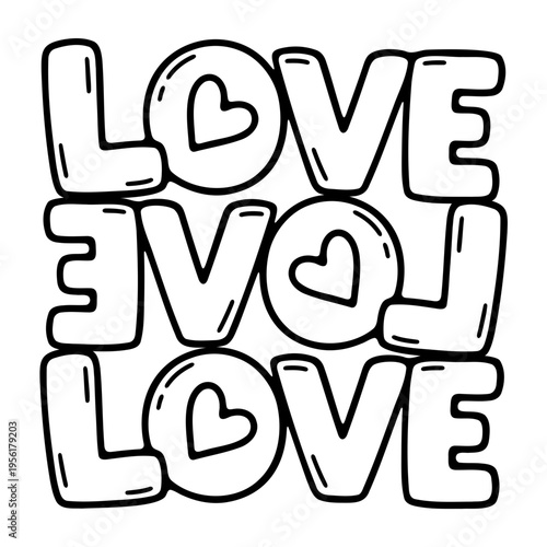 A playful vector graphic illustration of the word 'love' with hearts
