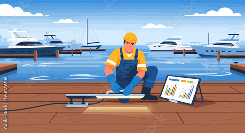 Man in overalls working on dock with tablet showing charts.
