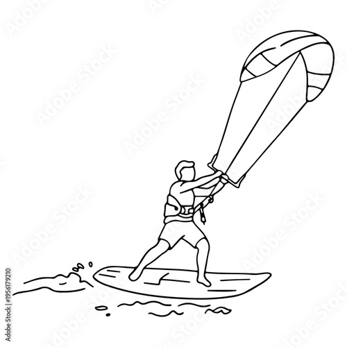 A minimalist vector illustration of a person parasailing on a board over water
