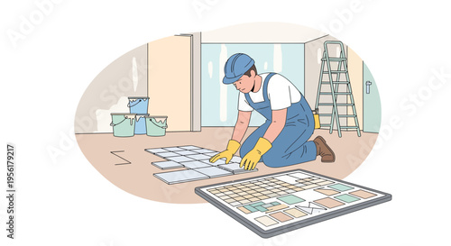 Man laying tiles on floor with tools and paint cans.