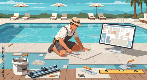 Man tiling poolside with computer planning.
