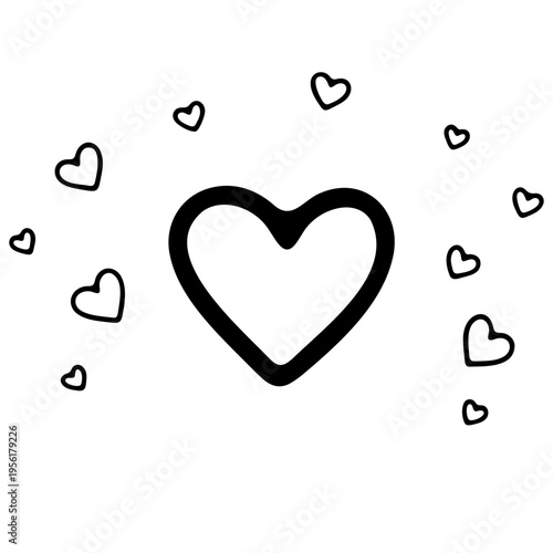 A minimalist vector graphic of a large heart surrounded by smaller hearts