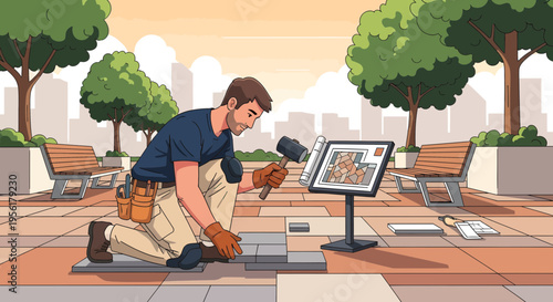 Man working on pavement tiles with tools and tablet.