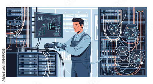 Man working in a server room with technology.