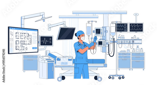 Nurse Preparing for Surgery in Modern Operating Room.