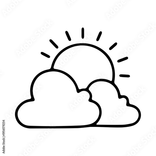 A minimalist vector graphic illustration of a sun rising behind clouds